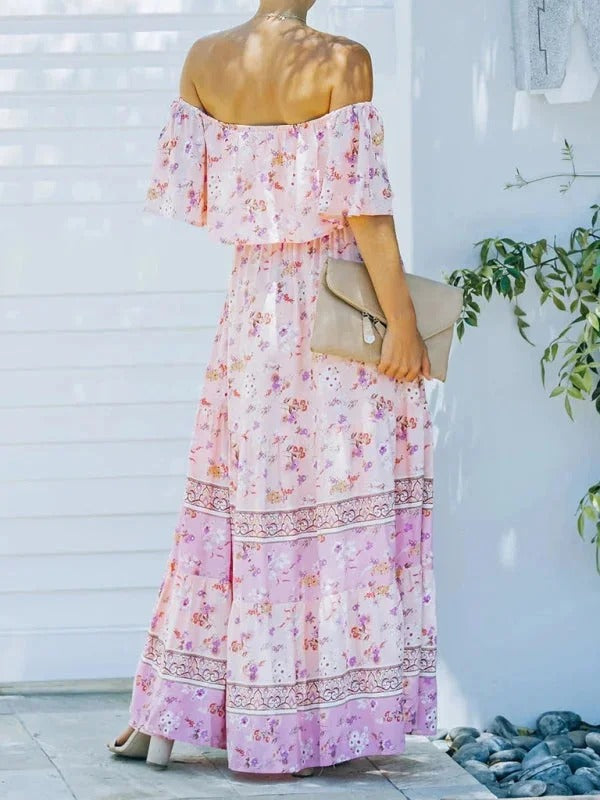 Women’s Off-Shoulder Floral Maxi Dress – Tiered Fit & Summer Elegance