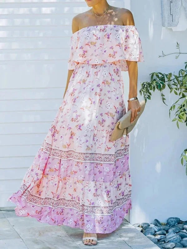 Women’s Off-Shoulder Floral Maxi Dress – Tiered Fit & Summer Elegance