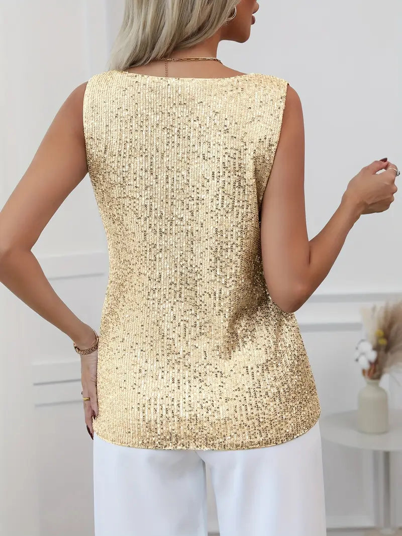 Women’s Sequin V-Neck Top – Sleeveless Fit & Subtle Glamour