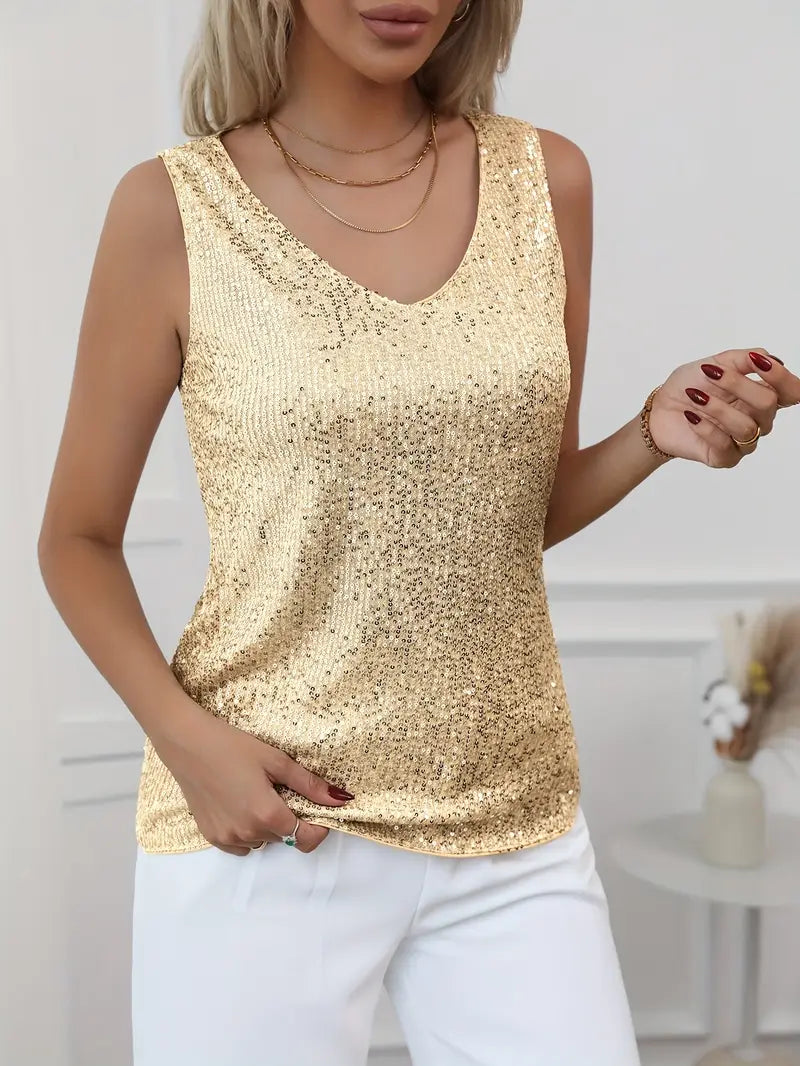 Women’s Sequin V-Neck Top – Sleeveless Fit & Subtle Glamour