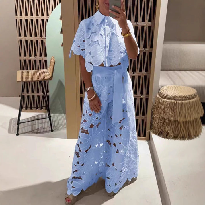 Women’s Lace Two-Piece Set – Floral Wide-Leg Pants & Crop Top