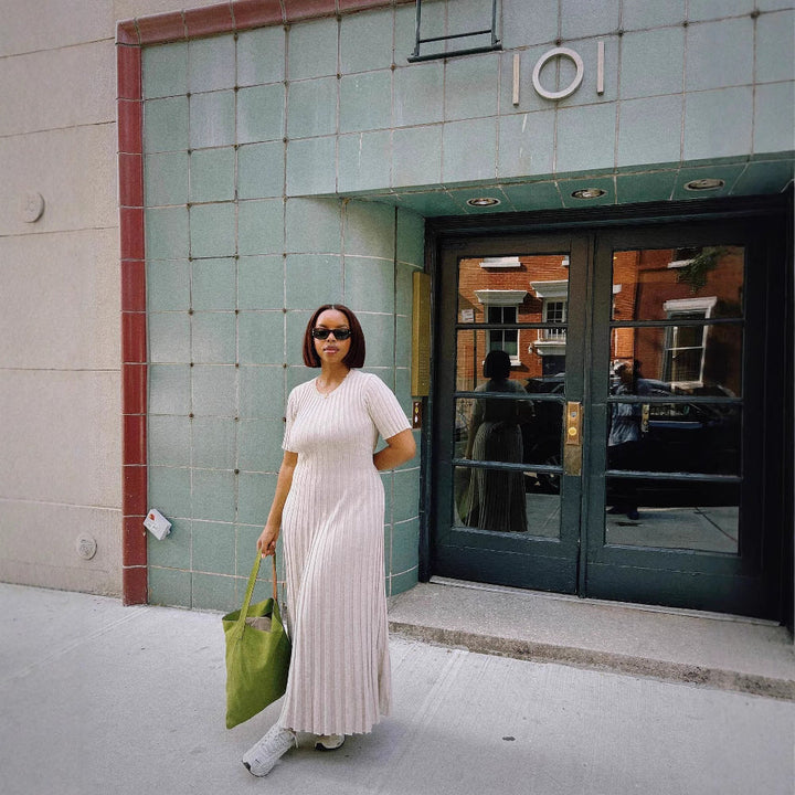 Women’s Ribbed Knit Pleated Midi Dress – Effortless Shape & Everyday Ease