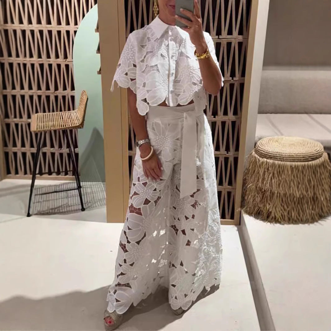Women’s Lace Two-Piece Set – Floral Wide-Leg Pants & Crop Top