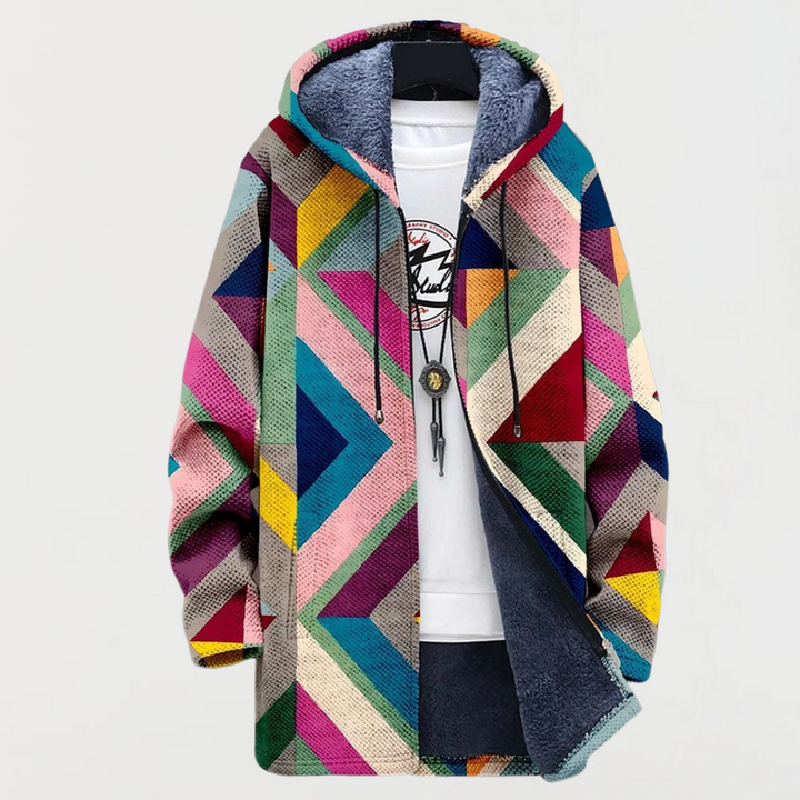 Women’s Geometric Hooded Coat – Cozy Colorblock Street Style
