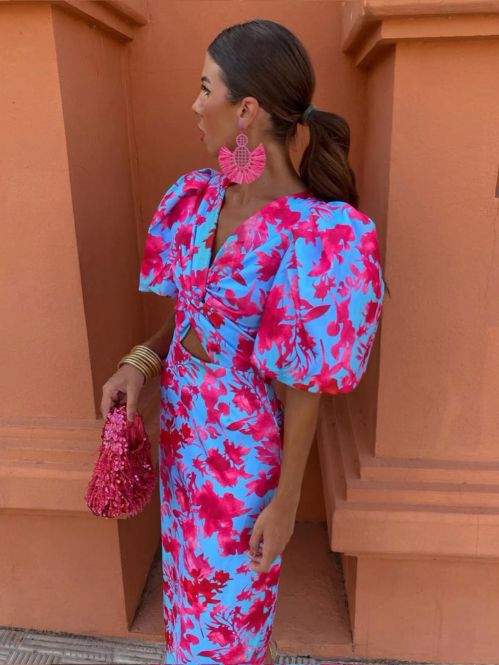 Women’s Floral Puff-Sleeve Dress – Bold Color & Modern Elegance