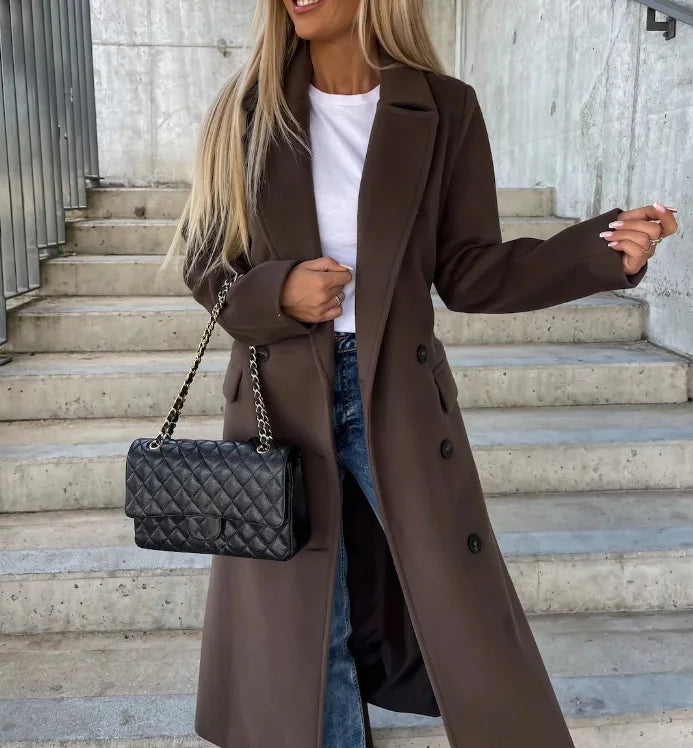 Women’s Long Lapel Button Front Coat – Timeless Elegance & Cozy Structure