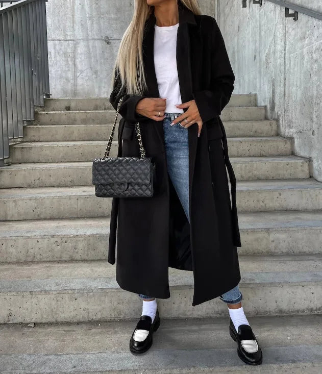 Women’s Long Lapel Button Front Coat – Timeless Elegance & Cozy Structure