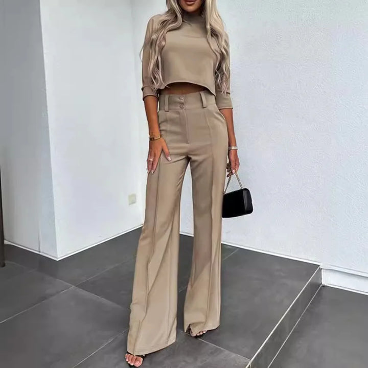 Women’s Two-Piece Pants Set – Tailored Crop Top & Wide-Leg Trousers