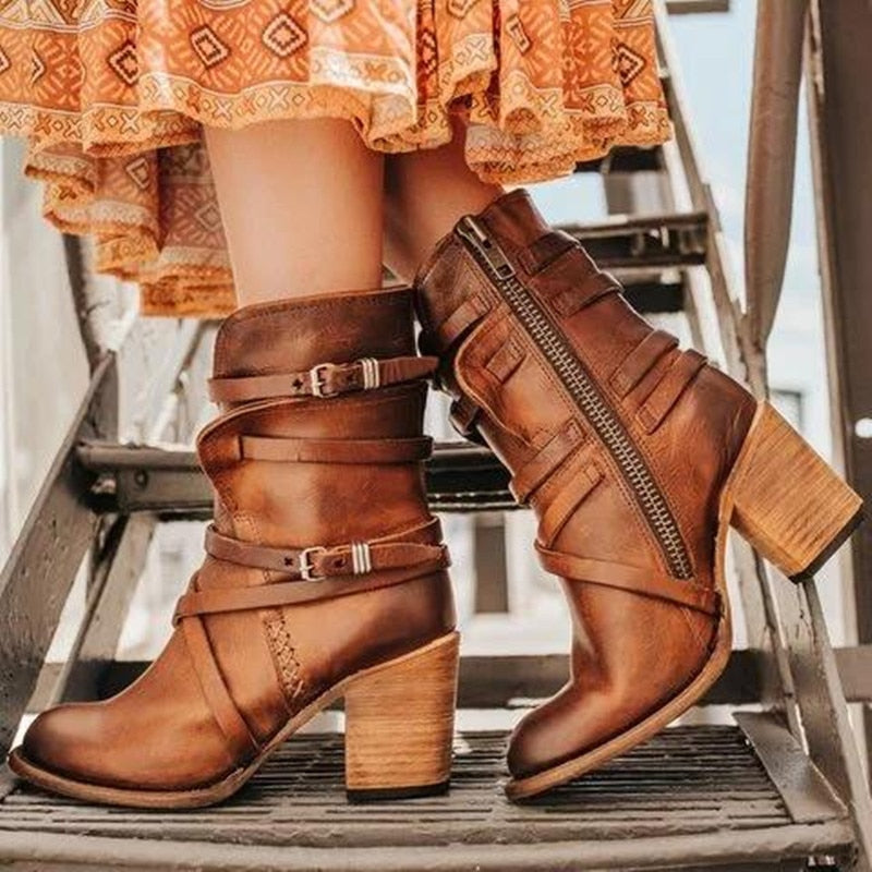 Women All-Season Casual Distressed Chunky-Heel Ankle Boots