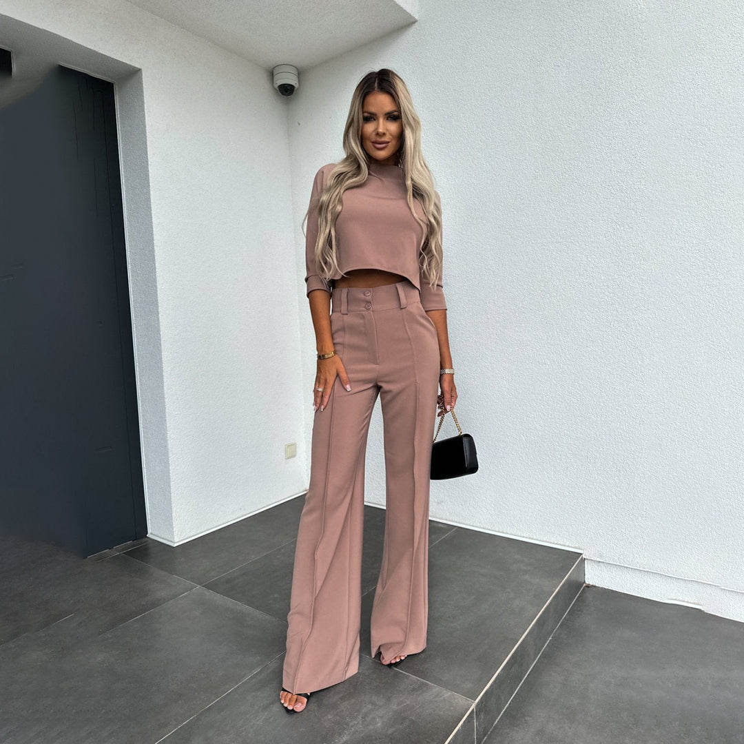 Women’s Two-Piece Pants Set – Cropped Top & Wide-Leg Tailoring