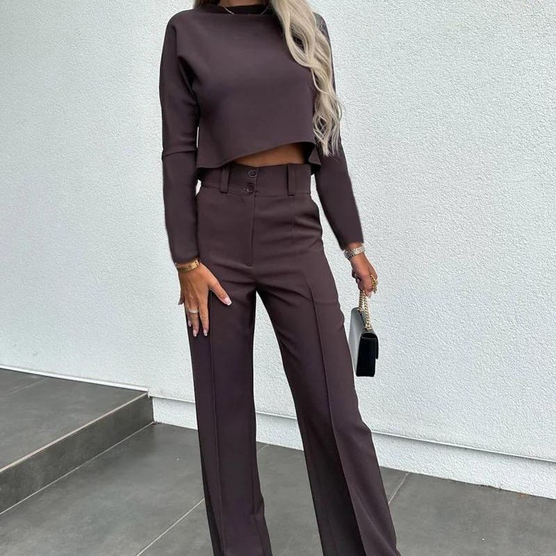 Women’s Two-Piece Pants Set – Tailored Crop Top & Wide-Leg Trousers