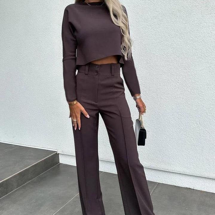 Women’s Two-Piece Pants Set – Tailored Crop Top & Wide-Leg Trousers