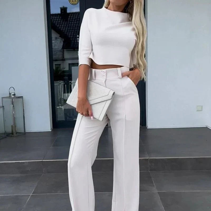 Women’s Two-Piece Pants Set – Tailored Crop Top & Wide-Leg Trousers