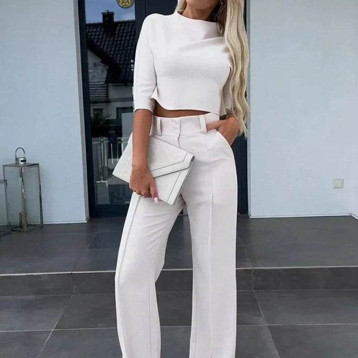 Women’s Two-Piece Pants Set – Tailored Crop Top & Wide-Leg Trousers