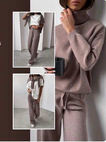 Women’s Knit Loungewear Set – Cozy Turtleneck & Wide-Leg Pants