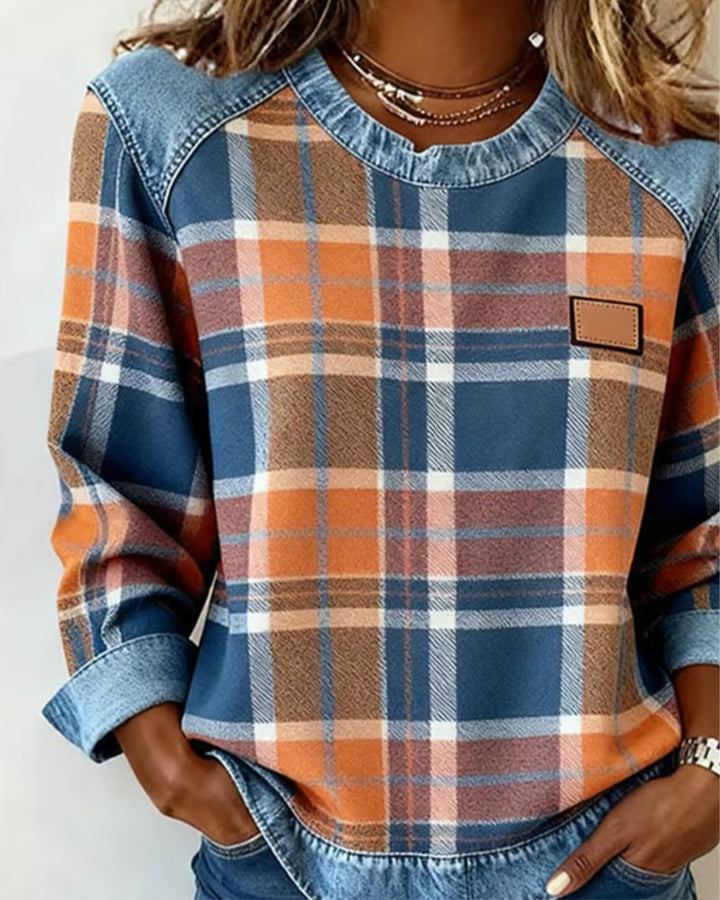 Women’s Plaid Patchwork Sweatshirt – Casual Comfort with a Modern Twist