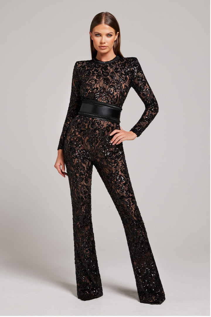 Women’s Lace Sequin Flare Jumpsuit – Glam Night-Out Confidence