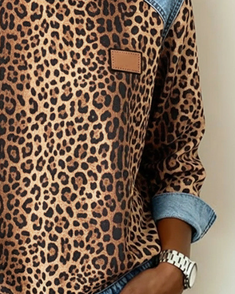 Women’s Leopard Print Denim Patchwork Sweatshirt – Relaxed Fit & Casual Comfort