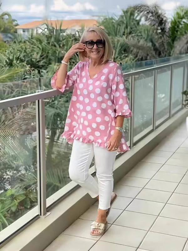 Women’s Polka Dot V-Neck Blouse – Relaxed Elegance & Everyday Comfort