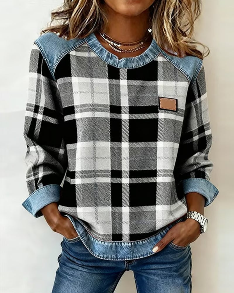 Women’s Plaid Patchwork Sweatshirt – Casual Comfort with a Modern Twist