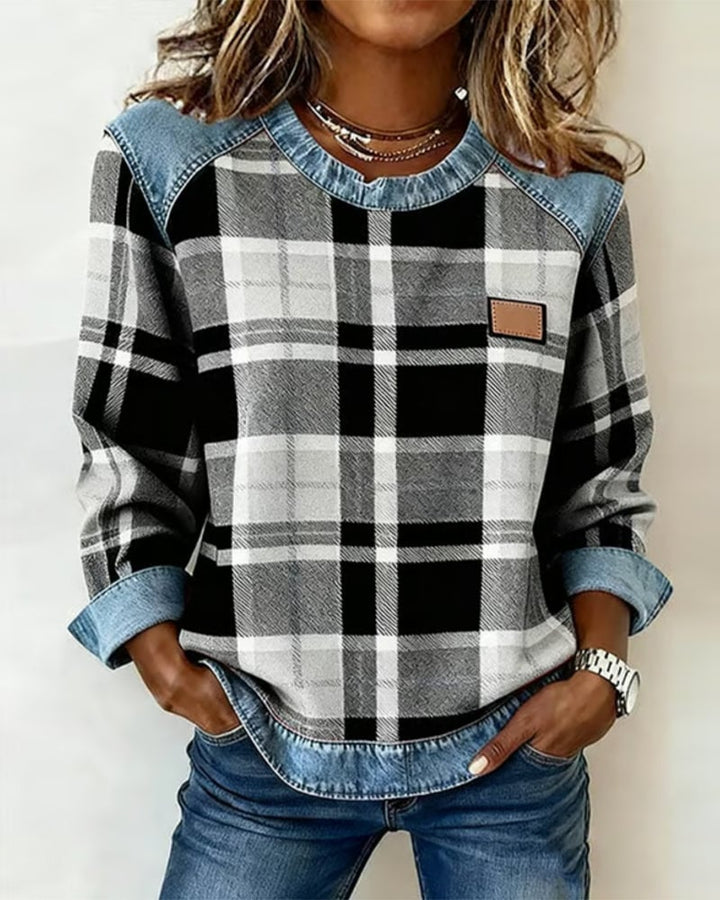 Women’s Plaid Patchwork Sweatshirt – Casual Comfort with a Modern Twist