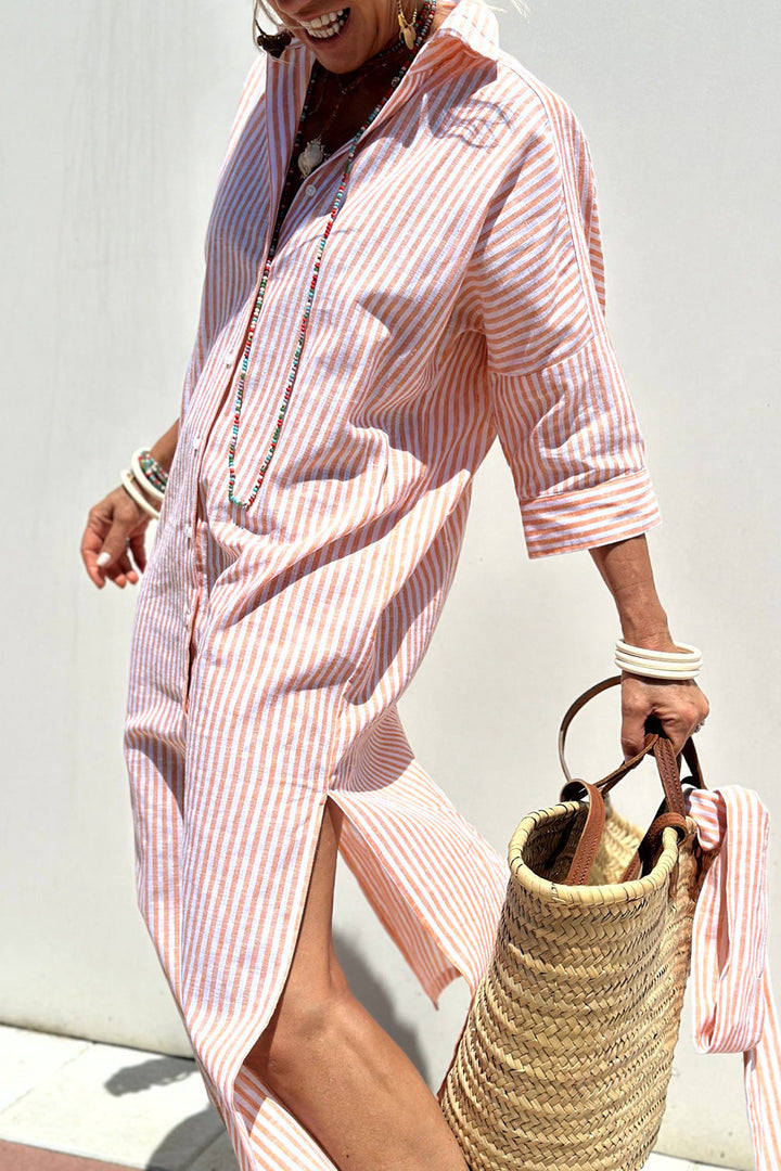 Women Summer Casual Striped Shirt Dress