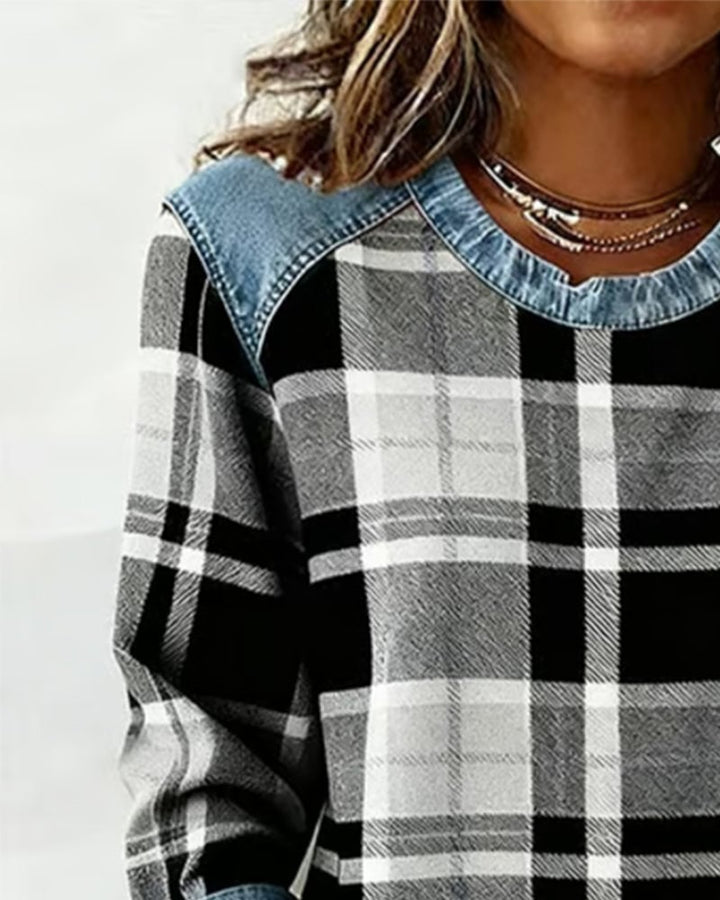 Women’s Plaid Patchwork Sweatshirt – Casual Comfort with a Modern Twist