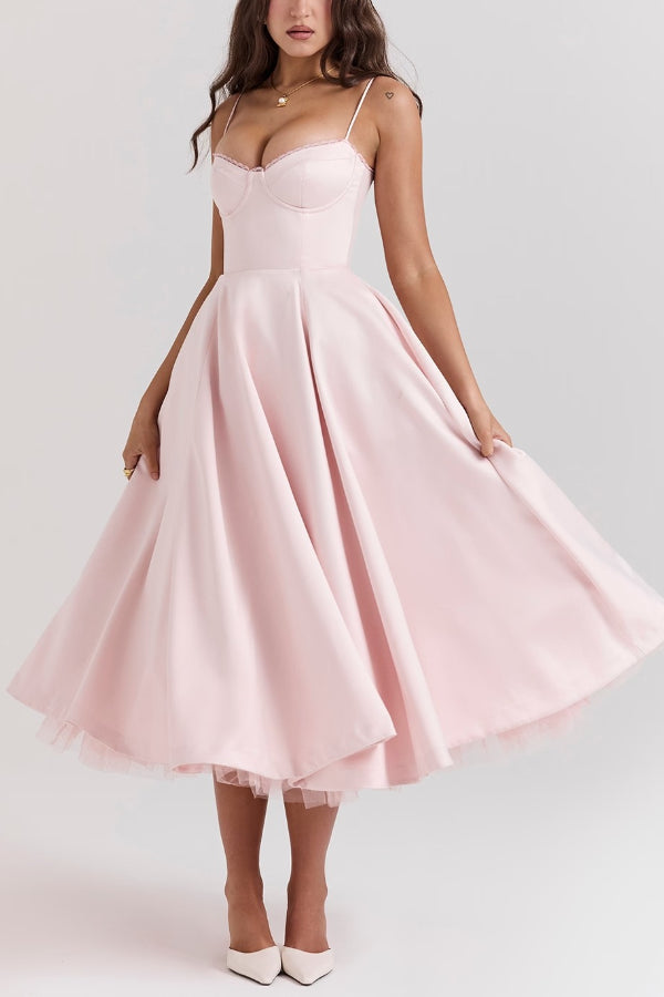 Women’s Satin Midi Dress – Corset Bodice & Twirl-Worthy Skirt