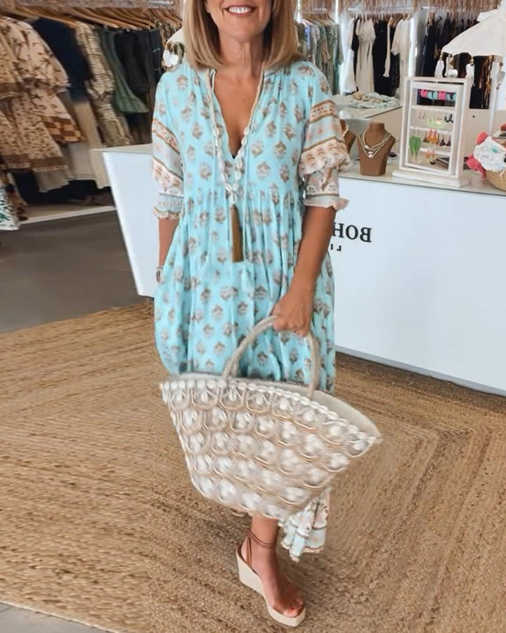 Women’s Boho Print Tassel Midi Dress – Relaxed Fit & Everyday Comfort
