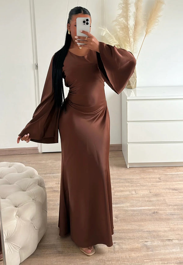 Women’s Satin Maxi Dress – Long Sleeve Evening Elegance