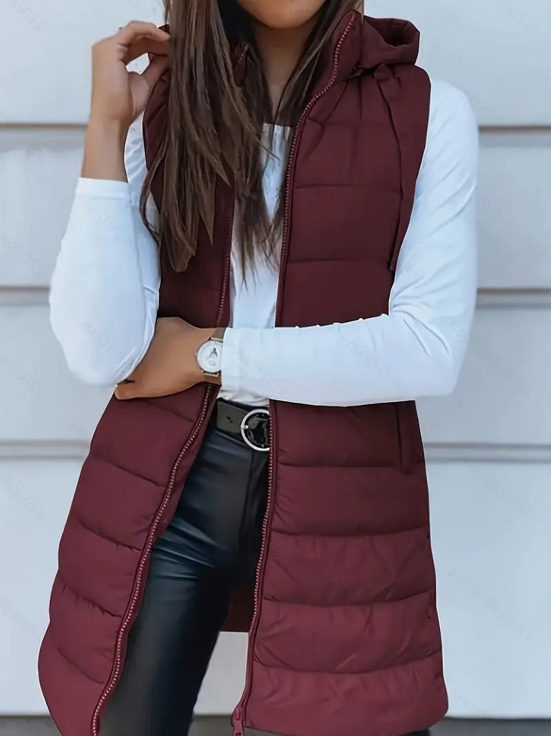 Women Autumn–Winter Casual Quilted Hooded Long Bodywarmer