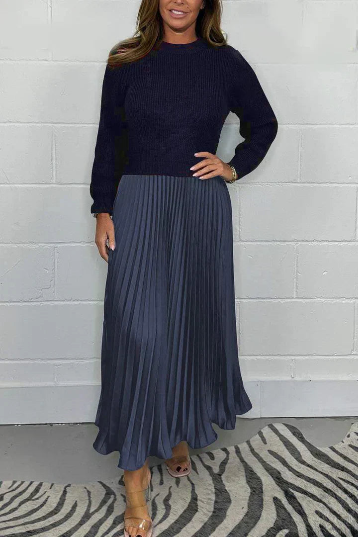 Women’s Knit Sweater & Pleated Maxi Skirt Set – Effortless Comfort & Everyday Polish