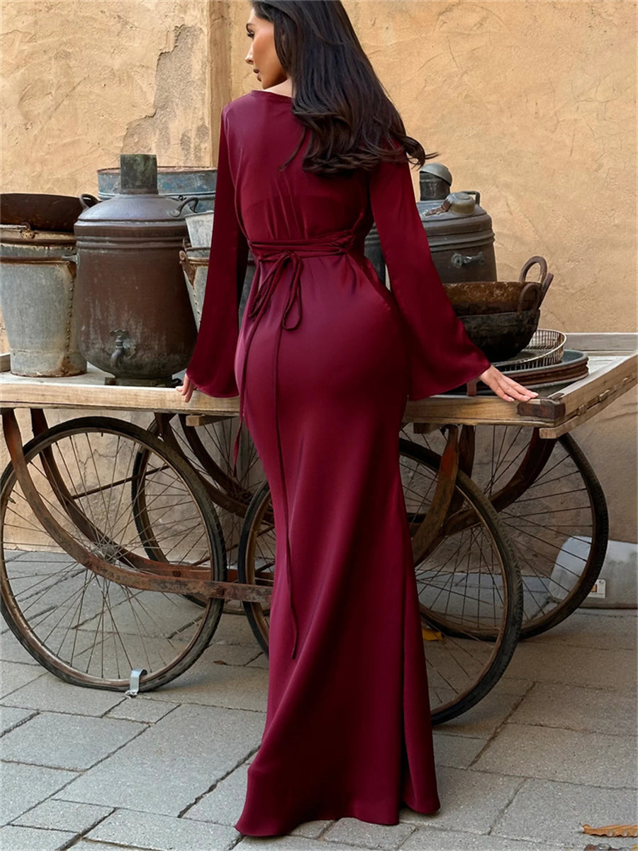 Women’s Satin Maxi Dress – Long Sleeve Evening Elegance