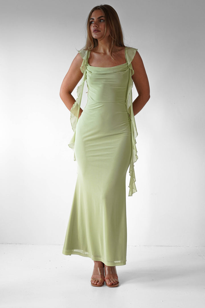 Women’s Pistachio Ruffle Midaxi Dress – Soft Elegance & Flowy Silhouette