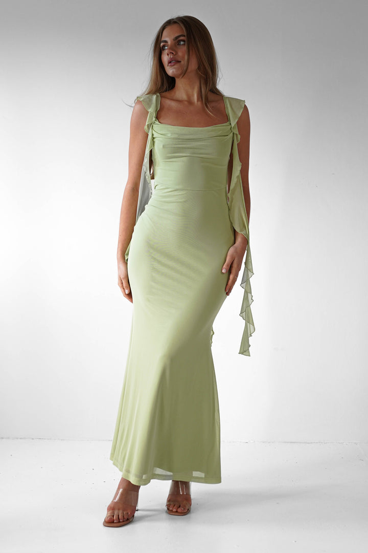 Women’s Pistachio Ruffle Midaxi Dress – Soft Elegance & Flowy Silhouette