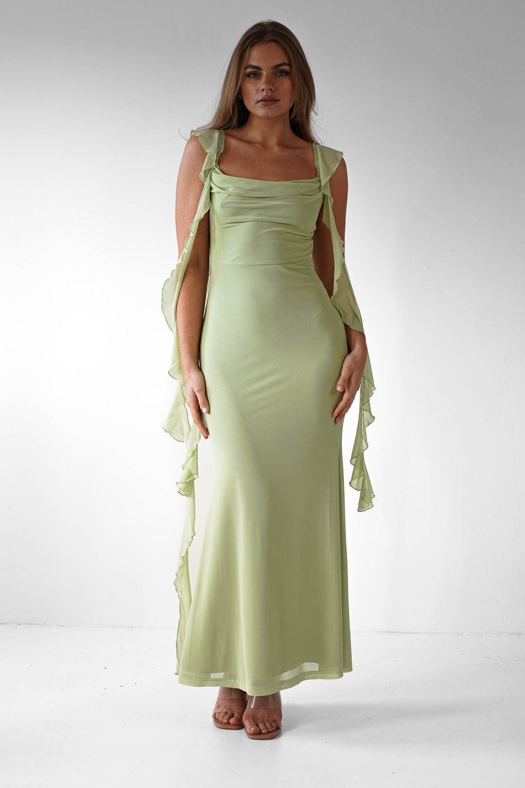Women’s Pistachio Ruffle Midaxi Dress – Soft Elegance & Flowy Silhouette