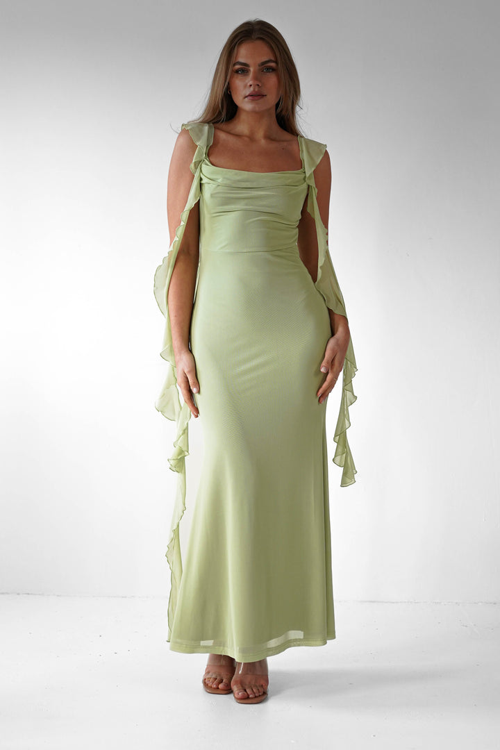 Women’s Pistachio Ruffle Midaxi Dress – Soft Elegance & Flowy Silhouette