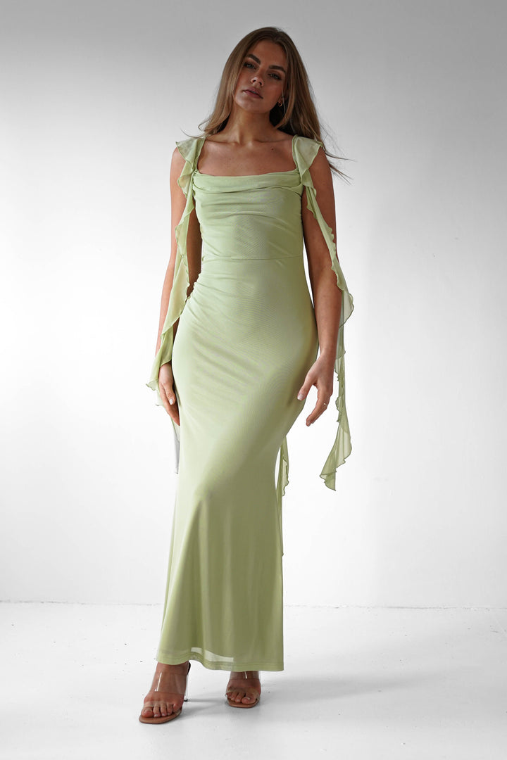 Women’s Pistachio Ruffle Midaxi Dress – Soft Elegance & Flowy Silhouette