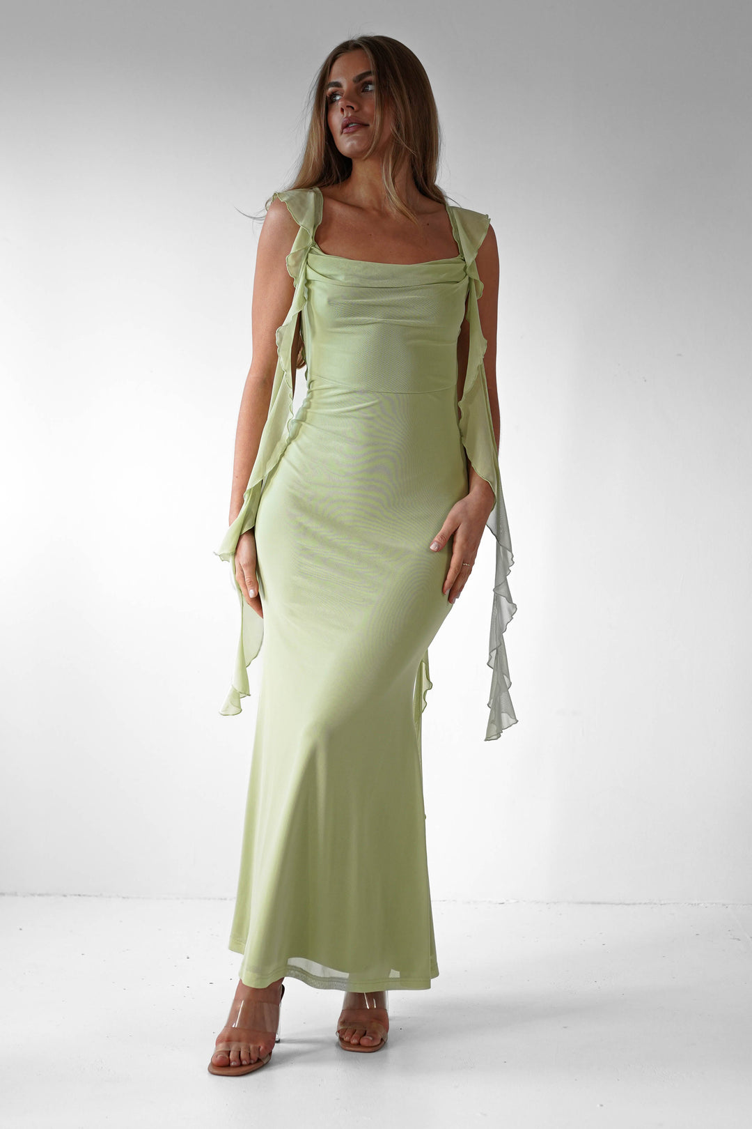 Women’s Pistachio Ruffle Midaxi Dress – Soft Elegance & Flowy Silhouette