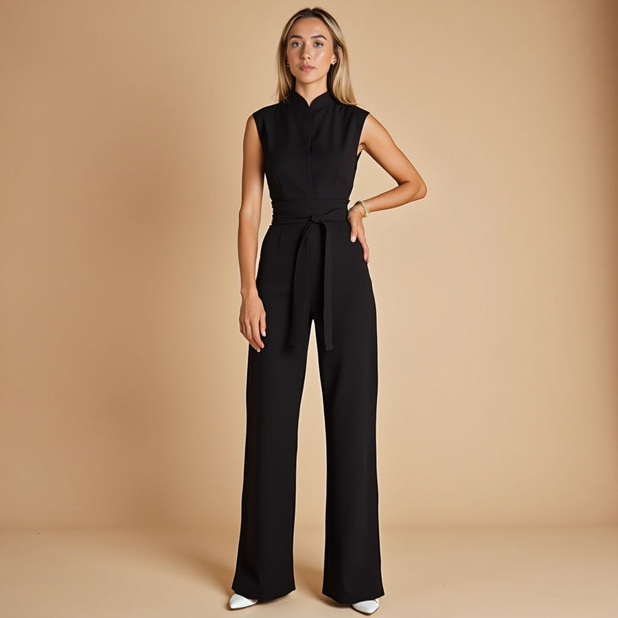 Women’s Wide-Leg Jumpsuit – Sleek Belted Waist & Modern Neckline