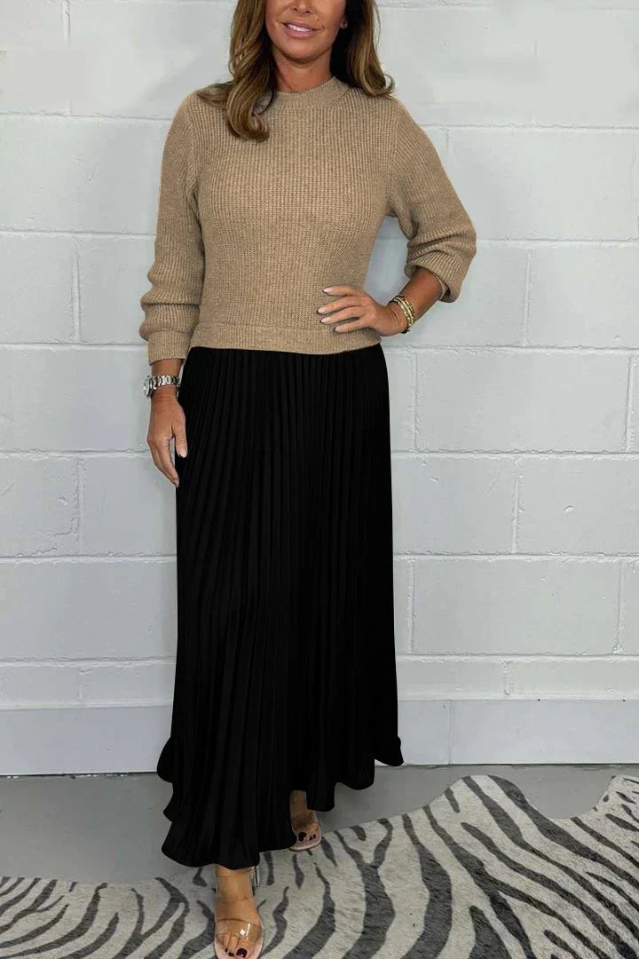 Women’s Knit Sweater & Pleated Maxi Skirt Set – Effortless Comfort & Everyday Polish