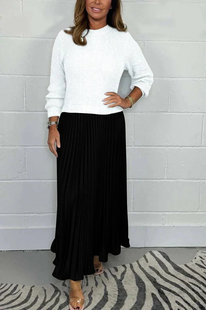 Women’s Knit Sweater & Pleated Maxi Skirt Set – Effortless Comfort & Everyday Polish