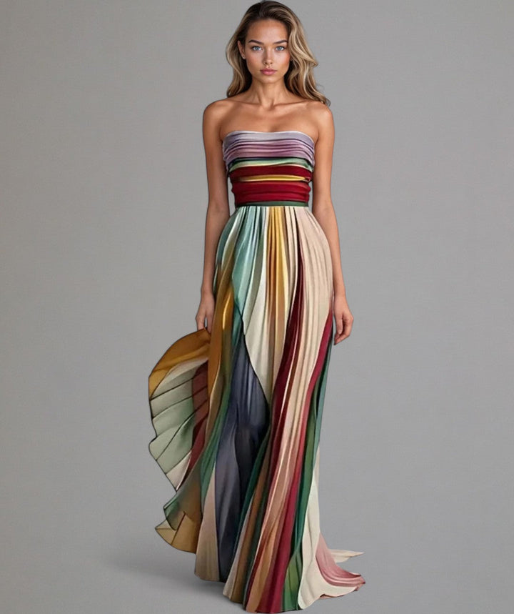 Women’s Strapless Rainbow Pleated Maxi Dress – Flowing Color & Timeless Glamour