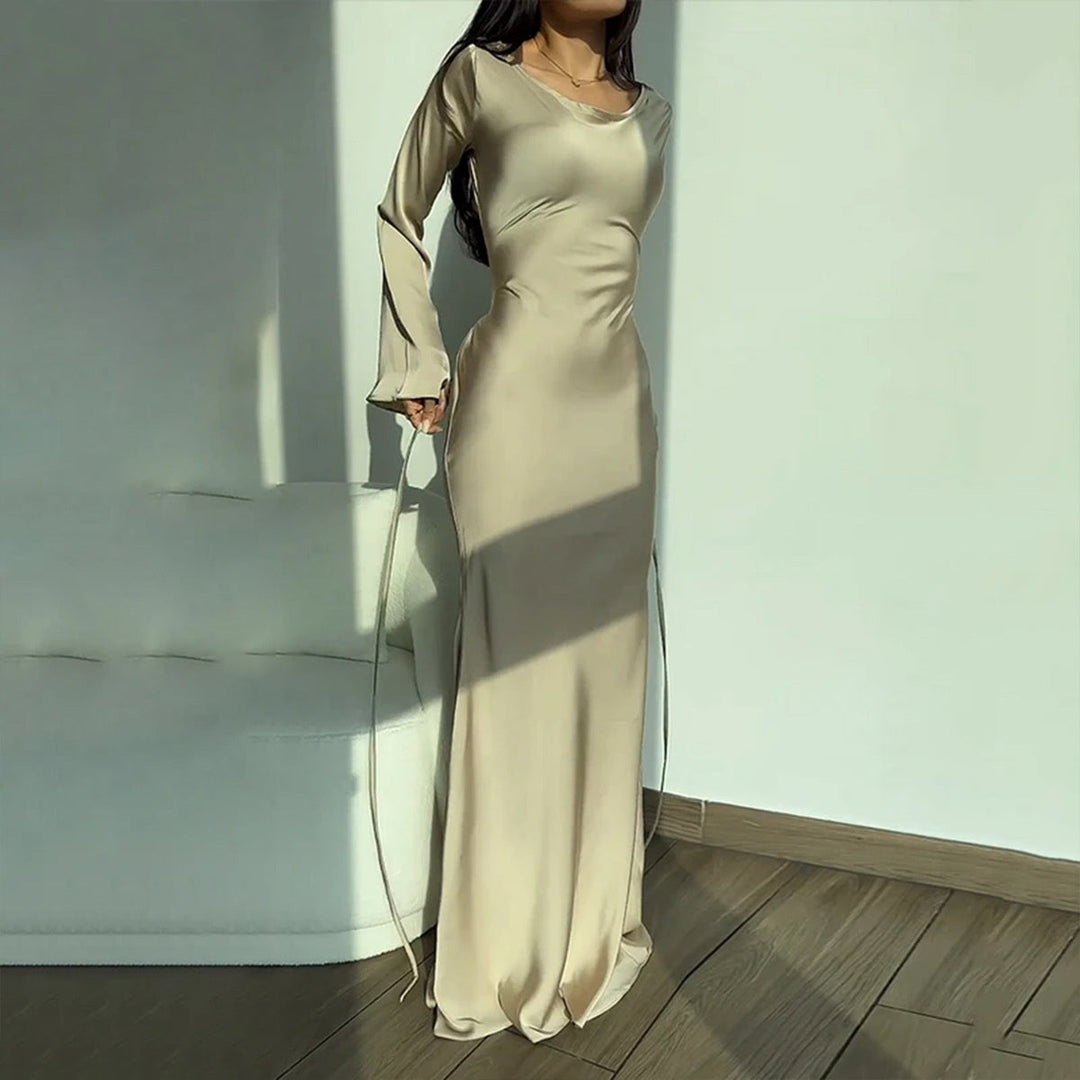 Women’s Satin Maxi Dress – Long Sleeve Evening Elegance